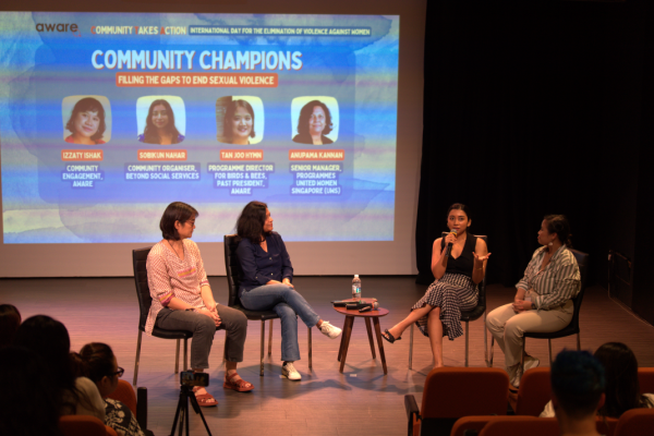 Tan Joo Hymn, Anupama Kannan, Sobikun Nahar and Izzaty Ishak talking about comprehensive sex education at IDEVAW 2024. Photograph by Bernadette Xiao (@bernadette.xiao on Instagram).